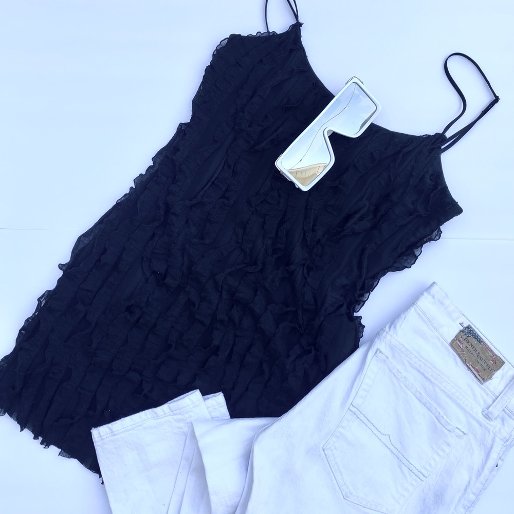 Black ruffled spaghetti tank top